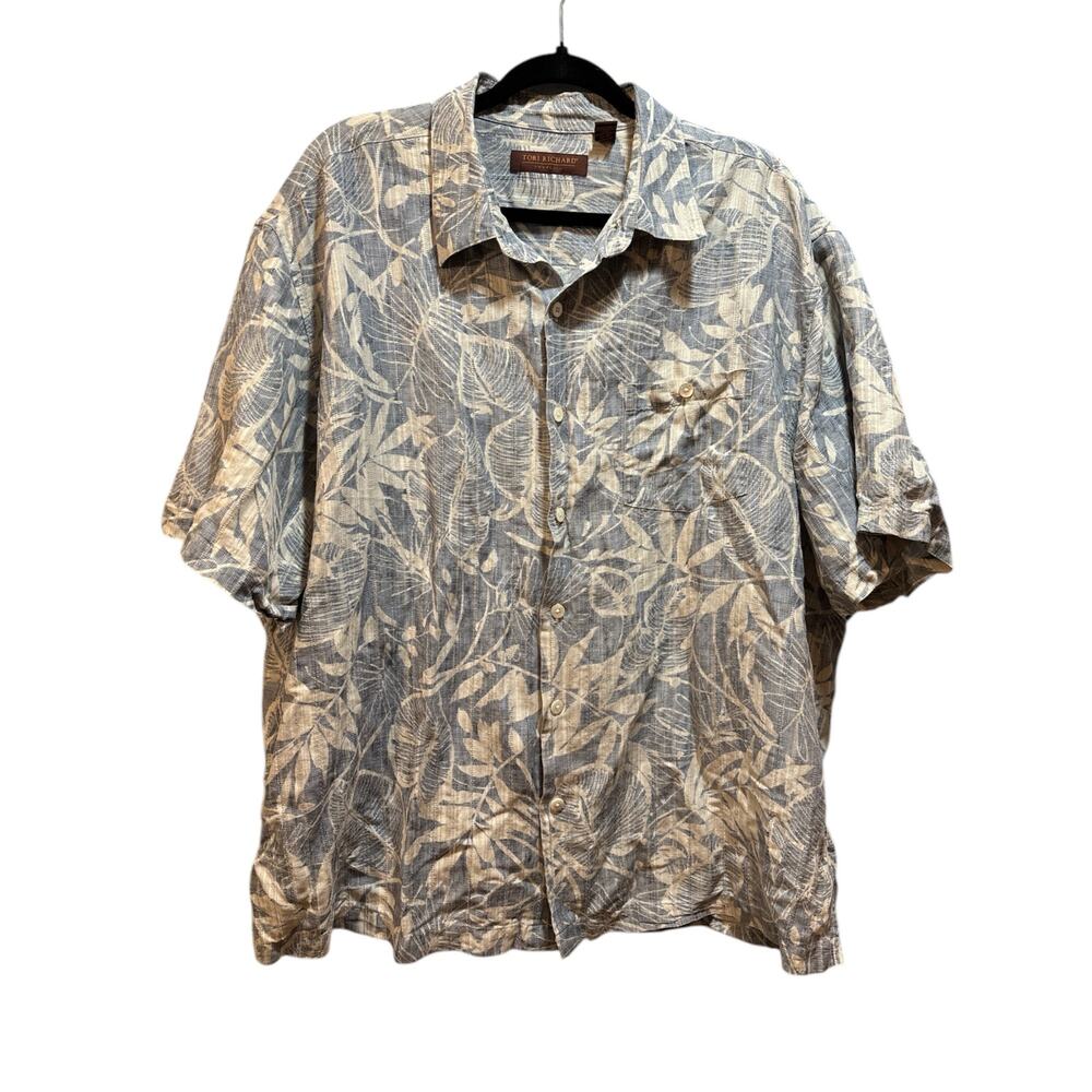 Tori Richard men’s 2xl button up Hawaiian casual gray white shirt silk and linen